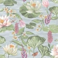 Blue Lily Pad Wallpaper Holden Floral Butterfly Green Pink Natural Flower