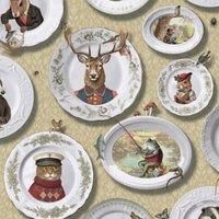 Ochre Wallpaper Framed Animals in Plates Foliage Vintage Tea Party Holden 13940