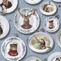 Quirky Animals in Plates Wallpaper Blue / Multi Vintage Tea Party Holden 13941