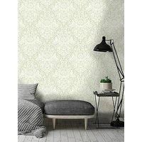 Sage Green Woodland Damask, Rabbit, Hedgehog, Hand Painted Effect Wallpaper