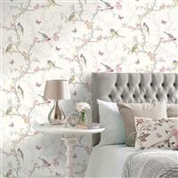 Holden Decor Phoebe Birds Butterfly Branches Leaves Wallpaper - White 98080