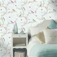 Holden Decor Phoebe Wallpaper - Feature Birds Butterfly Floral Branches Leaves