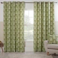 Green Esher Floral Fern Tree Leaf Frond Lined Eyelet Ring Top Curtains Pair