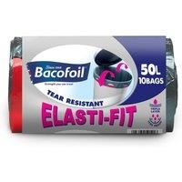 Bacofoil Elasti-Fit Kitchen Bin Liners with elastic tie handles, Ultra Durable, 50L x 10 bags