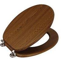 Toilet Seat Grey Wooden Chrome Comfort WC Adjustable Hinges Top Fix Durable