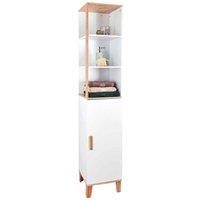 Showerdrape Catania Tall Boy Freestanding Bathroom Cabinet With Bamboo Top, Internal And External Shelves, Organiser Cupboard For Kitchen, White H169 x W33x D31cm