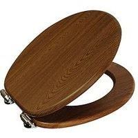 Wooden Toilet Seat Soft Close Chrome Hinges Oval Pine Mahogany Grey Oak White