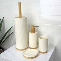 4 Piece Cream Bamboo Bathroom Accessories Set Soap Dish Toothbrush Toilet Brush