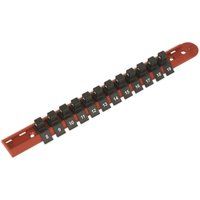 Sealey AK3812 Socket Retaining Rail with 12 Clips, 3/8" Square Drive, 363mm x 49mm x 300mm