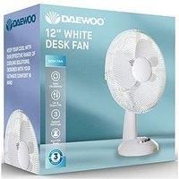 Daewoo 12 Inch Oscillating Desk Fan, 3 Speed Settings, Adjustable Tilt, Quiet Operation, Portable Cooling Fan for Home, Office, Bedroom – White