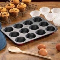 Hairy Bikers Bakeware, 12 Cup Muffin Tray, Non Stick, Dishwasher Safe, Red