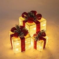 The Christmas Workshop 70749 Set of 3 Light-Up Christmas Boxes With Red Bow/Indoor Christmas Decorations / 65 Warm White LED Lights/Battery Operated/Timer Functionality