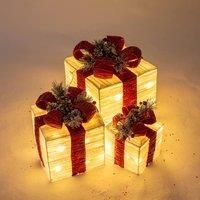 The Christmas Workshop 70749 Set of 3 Light-Up Christmas Boxes With Red Bow/Indoor Christmas Decorations / 65 Warm White LED Lights/Battery Operated/Timer Functionality