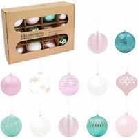 The Christmas Workshop Set of 12 Shatterproof Textured Baubles/Various Elegant Festive Designs/Christmas Tree Decorations with Hanging String (Pink, Blue & White)