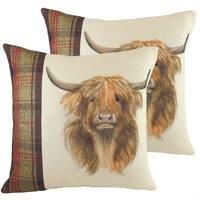 Evans Lichfield Hunter Highland Cow Twin Pack Polyester Filled Cushions, Multi, 43 x 43cm