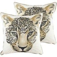 Evans Lichfield Safari Leopard Polyester Filled Cushions (Twin Pack), Polyester, Linen, White / Mocha