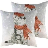 Evans Lichfield Snowy Cat with Scarf Polyester Filled Cushions (Twin Pack), Multi, 43 x 43cm