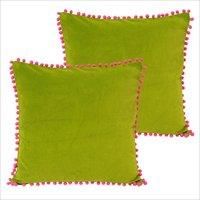 Paoletti Velvet Pompom Polyester Filled Cushions (Twin Pack), Green/Fuchsia, 45 x 45cm