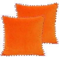 Paoletti Velvet PomPom Twin Pack Polyester Filled Cushions Orange/Fuchsia