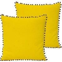 Paoletti Velvet Pom-Pom Twin Pack Polyester Filled Cushions Yellow/Grey