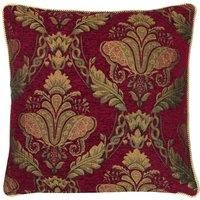 Riva Paoletti Shiraz Square Filled Cushion Red-Embroidered Damask Jacquard-Gold Piped Edges-Reversible-Zip Closure-100 Case (18" x 18" inches), Polyester, Burgundy, 45 x 45cm