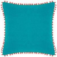 Riva Paoletti Polyester Filled Cushion Blue-Faux Velvet Fabric-Contrasting Coral Orange Pompom Edges-Hidden Zip Closure-100% Soft (18" X 18" Inches), Cotton, Teal, 45 X 45Cm