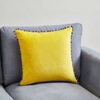 Riva Paoletti Polyester Filled Cushion Faux Velvet Fabric-Contrasting Grey Pompom Edges-Hidden Zip Closure-100% Soft (18" x 18" inches), Cotton, Yellow, 45 x 45cm