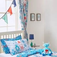 Riva Paoletti Kids Robot Pencil Pleat Curtains (Pair) - Blue And Grey - Matching Tiebacks - Machine Washable - 168 cm Width X 183 cm Drop (66" X 72" Inches) - Designed In The UK