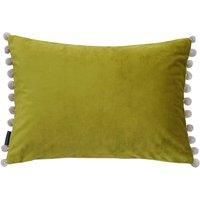 Riva Paoletti Fiesta Rectangular Filled Cushion Green Beige Pompom Edges-Faux Velvet Fabric-Discreet Zip Closure-100 Case (14" x 20" inches), Polyester, Bamboo/Natural, 35 x 50cm