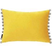 Riva Paoletti Fiesta Rectangular Filled Cushion Yellow Pompom Edges-Faux Velvet Fabric-Discreet Zip Closure-100 Case (14" x 20" inches), Polyester, Mimosa/Silver, 35 x 50cm