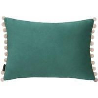 Riva Paoletti Fiesta Rectangular Filled Cushion Blue Green Pompom Edges-Soft Velvet Fabric-Discreet Zip Closure-100 Case (14" x 20" inches), Polyester, Teal/Bamboo, 35 x 50cm