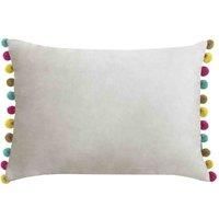 Riva Paoletti Fiesta Rectangular Filled Cushion Silver-Bamboo Green Pompom Edges-Faux Velvet Fabric-Discreet Zip Closure-100 Case (14" x 20" inches), Polyester, Dove/Multi, 35 x 50cm