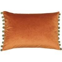 Riva Paoletti Fiesta Rectangular Filled Cushion Orange Green Pompom Edges-Faux Velvet Fabric-Discreet Zip Closure-100 Case (14" x 20" inches), Polyester, Rust/Khaki, 35 x 50cm