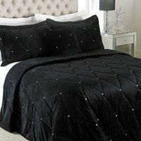 Riva Paoletti New Diamante Bedspread Set - Black - Diamante Crystal Sequins - Quilted Geometric Design - 2 x Pillow Shams Included - 100% Polyester - 220 x 240cm (87" x 94" inches)