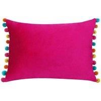 Riva Paoletti Fiesta Rectangular Filled Cushion Multicoloured Pompom Edges-Soft Velvet Fabric-Discreet Zip Closure-100 Case (14" x 20" inches), Polyester, Hot Pink/Multi, 35 x 50cm