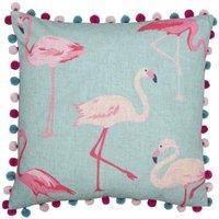 Riva Paoletti Square Filled Cushion Blue and Pastel Pink-Flamingo Print on Linen Fabric-Pompom Edges-100% Polyester Case (20" x 20" inches), Synthetic, Duck Egg, 50 x 50cm