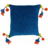 Riva Paoletti Poco Polyester Filled Cushion Blue-Faux Velvet Fabric-Tassel Pompom Corners-Hidden Zip Closure-Machine Washable-100 (22" x 22" inches), Cotton, Teal, 55 x 55cm