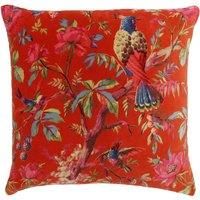 Riva Paoletti Paradise Square Cushion Cover Orange Colourful Bird Print Velvet Fabric Machine Washable 100% Cotton 50 x 50cm (20" x 20" inches)