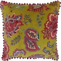 Riva Paoletti Malisa Square Polyester Filled Cushion Yellow-Paisley Indian Print-Faux Velvet Fabric-Pink Pompom Edges-Machine Washable-100 (20" x 20" inches), Cotton, Lemon Curry, 50 x 50cm
