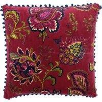 Riva Paoletti Malisa Square Polyester Filled Cushion Red-Paisley Indian Print-Faux Velvet Fabric-Blue Pompom Edges-Machine Washable-100 (20" x 20" inches), Cotton, Pomegranate, 50 x 50cm