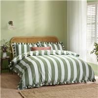 furn. Wylder Birdie Stripe Duvet Cover Set – Reversible Ruffled Cotton Rich Striped Bedding (Baygreen/Mist - Double)
