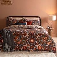 furn. Kinfolk Duvet Cover Set – Reversible Suzani-Inspired Floral Geometric Tile Bedding Set (Denim Blue - Super King)