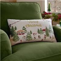 furn. Joy To All Polyester Filled Cushion – Festive Velvet Embroidered Christmas City Pillow with Piped Trim (Snow/Berry - 30x50cm)
