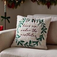 furn. Mistletoe Wreath Polyester Filled Cushion – Bouclé Embroidered Christmas Mistletoe Pillow with Velvet Reverse (Multicolour - 45x45cm)