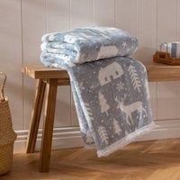 Furn Winter Walk Printed Super Soft Sherpa Fleece Throw, Mist Blue, 130 x 150 Cm