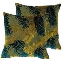 Paoletti Palm Grove Polyester Filled Cushions (Twin Pack), Gold/Teal, 50 x 50cm