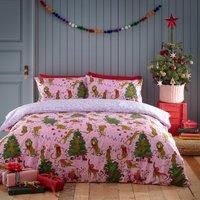 furn. Purrfect Christmas Super King Duvet Cover Set, Cotton, Polyester, Pink/Lilac