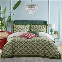 furn. Furn. Deco Palm Printed Ruffle Double Duvet Cover Set Moss, Green