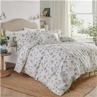 Wylder Nature Meadow Duvet Cover Set – 100% Tumbled Cotton Floral Bedding with Bow Closures (White/Cornflower - Double)