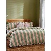 Wylder Nature Birdie Stripe Cotton Rich Frilled Duvet Cover Set, Pink/Green